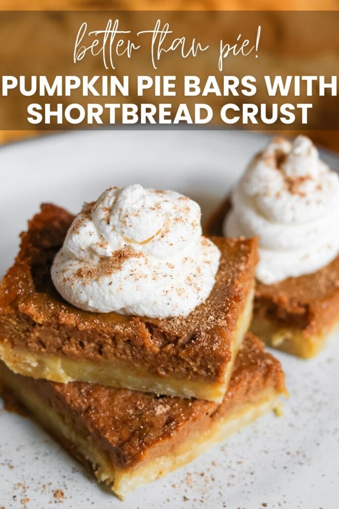 Pumpkin pie bars cut into squares, served with a dollop of whipped cream, and garnished with a sprinkle of nutmeg