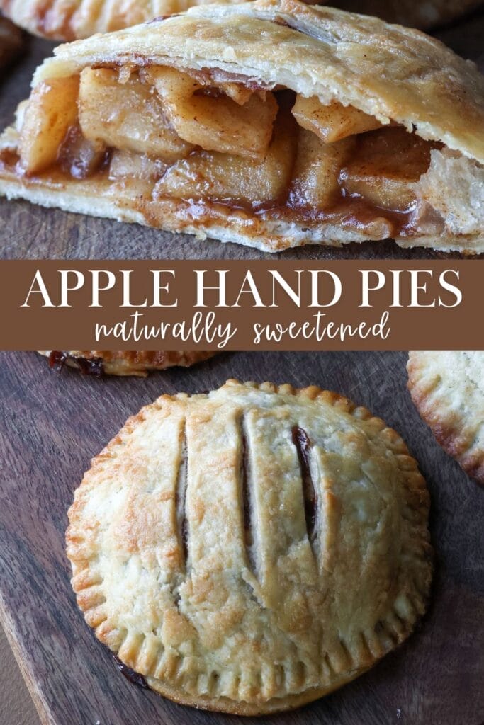 Apple hand pie sliced in half to reveal the warm, spiced apple filling nestled inside the flaky crust.