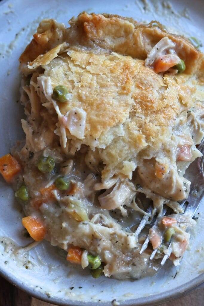 a closeup view of chicken pot pie on a plate