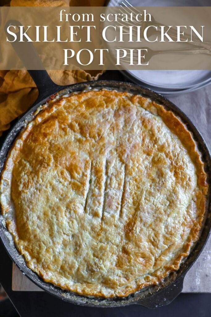 chicken pot pie with a buttery golden crust in a cast iron skillet